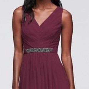 Long Mesh Dress with V-Neck and Beaded Waistband